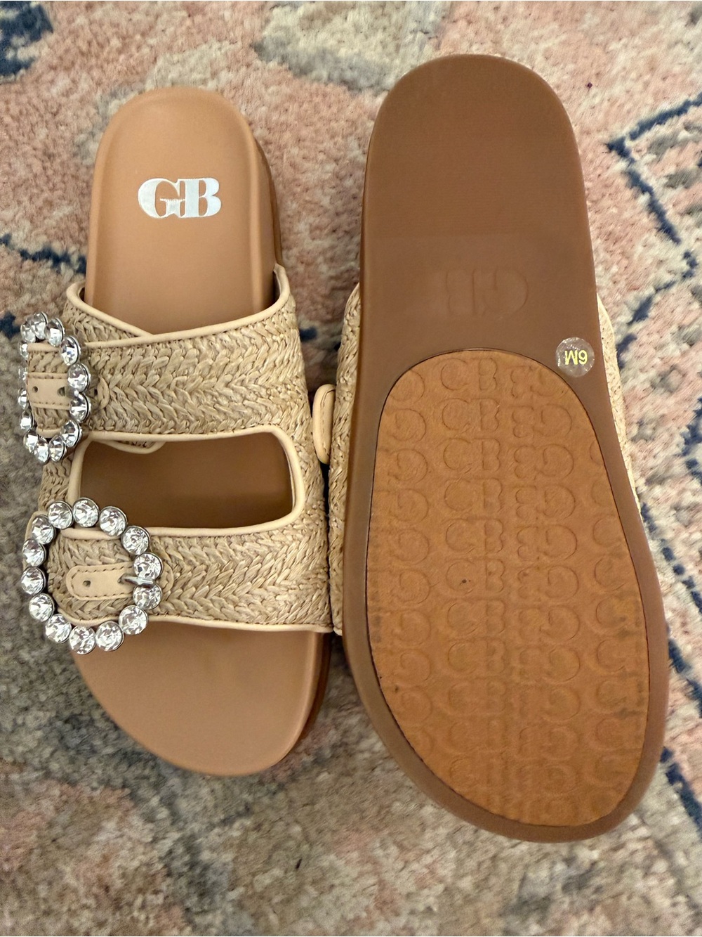 Gianni Bini Ladies Beige Raffia Slide Sandals with Crystal Buckles